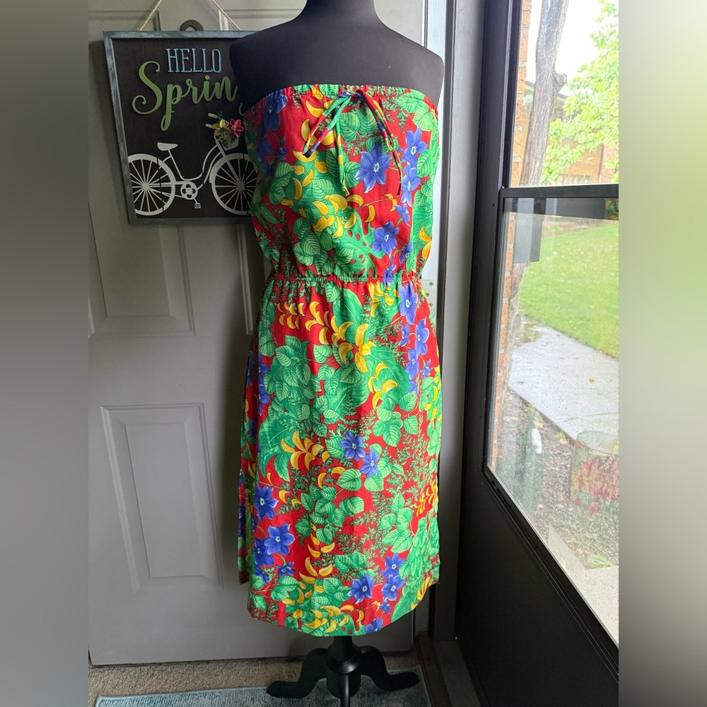 Vintage Hawaiian Palm red tropical strapless midi dress, size medium